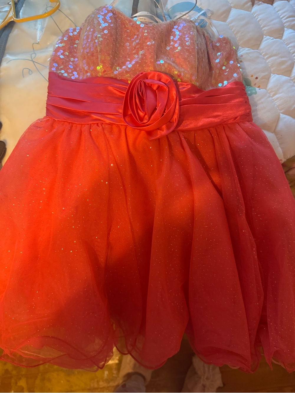 Strapless Sequin Bust Red Party Dress with Rosette Waist